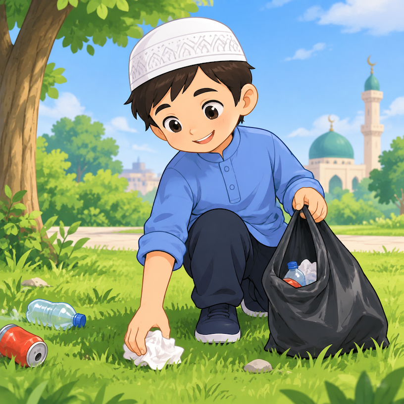 Child keeping the park safe by picking up litter