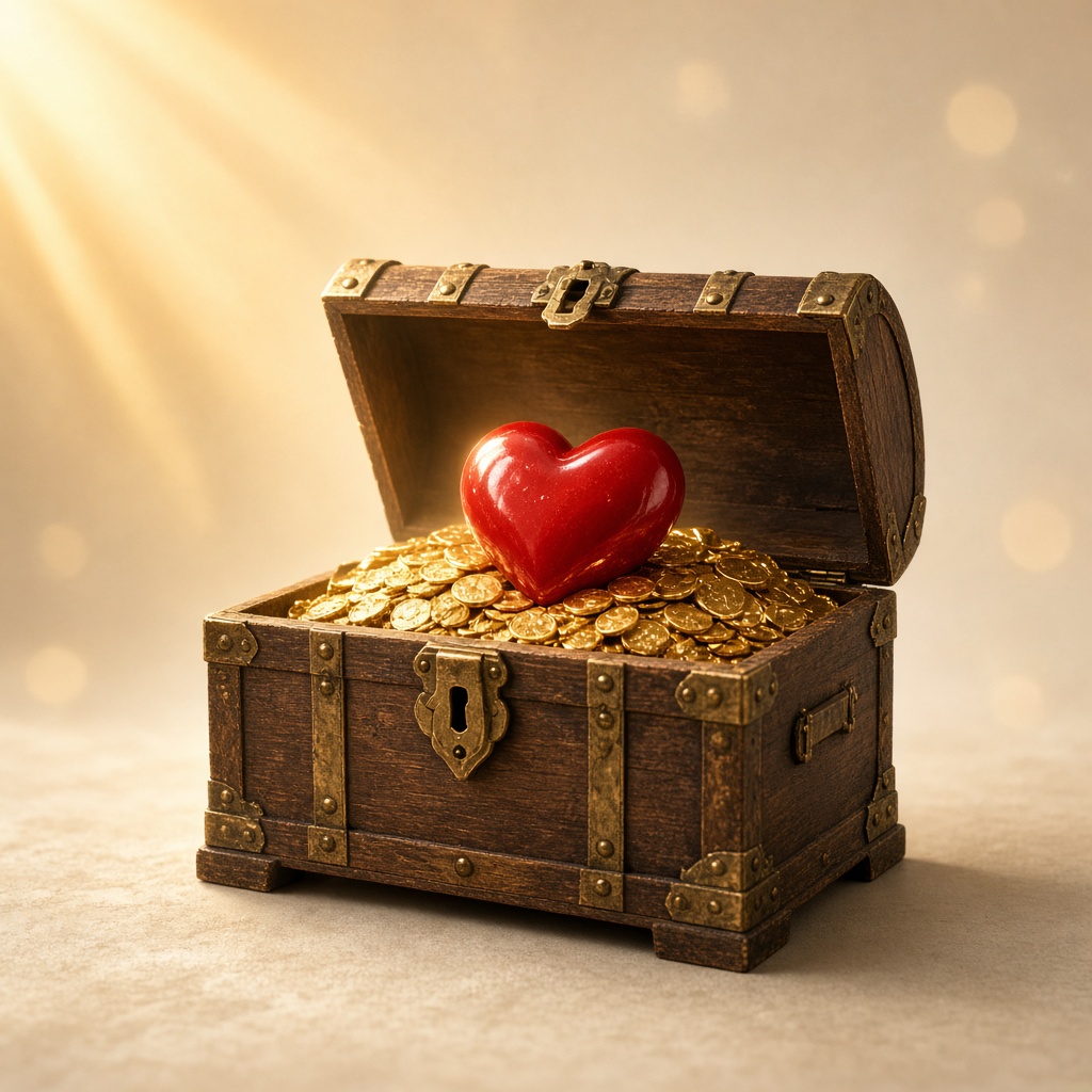 Open treasure chest with a red heart resting on gold coins