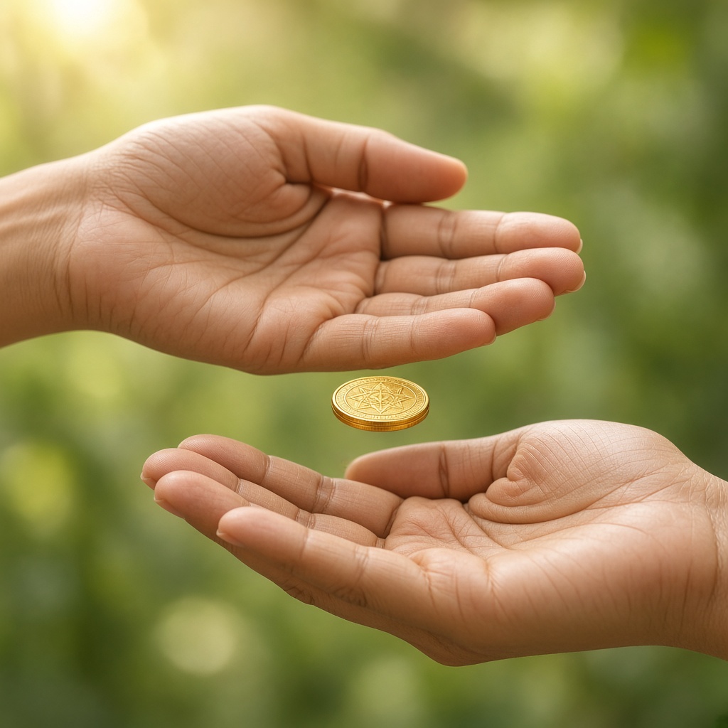 A hand giving a gold coin to another open hand