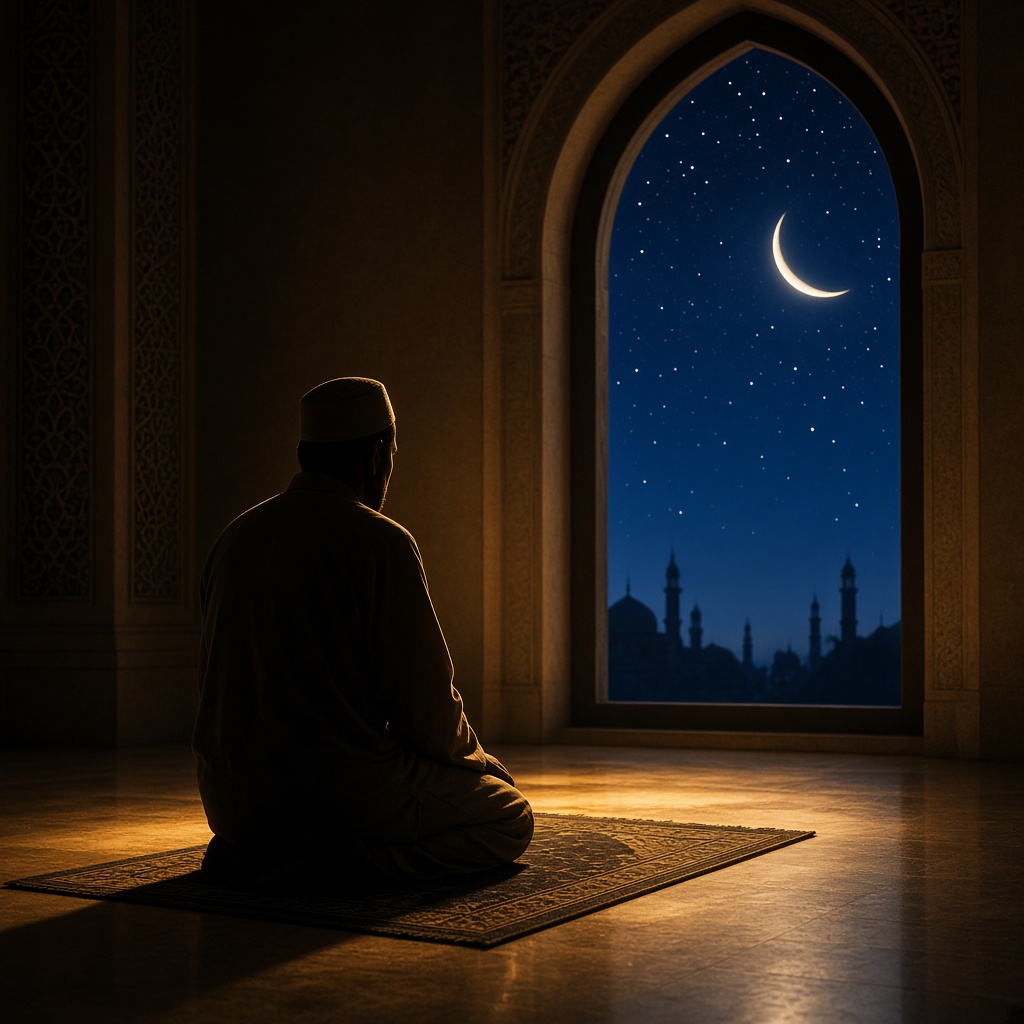A man praying at night in a mosque beneath a crescent moon