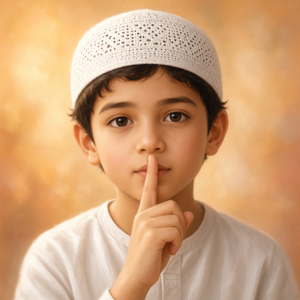 A boy in a white cap holding a finger to his lips