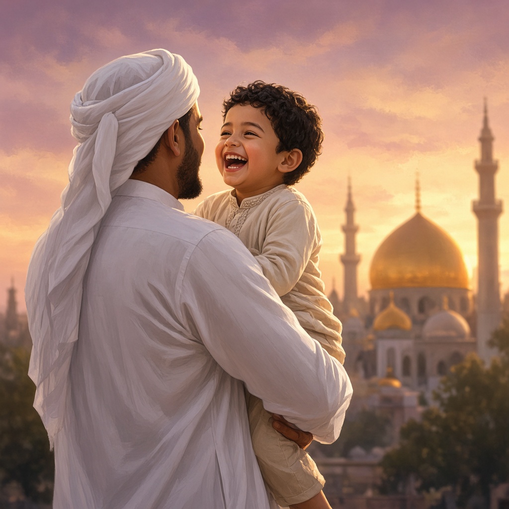 A father lovingly lifting a laughing child in front of a mosque