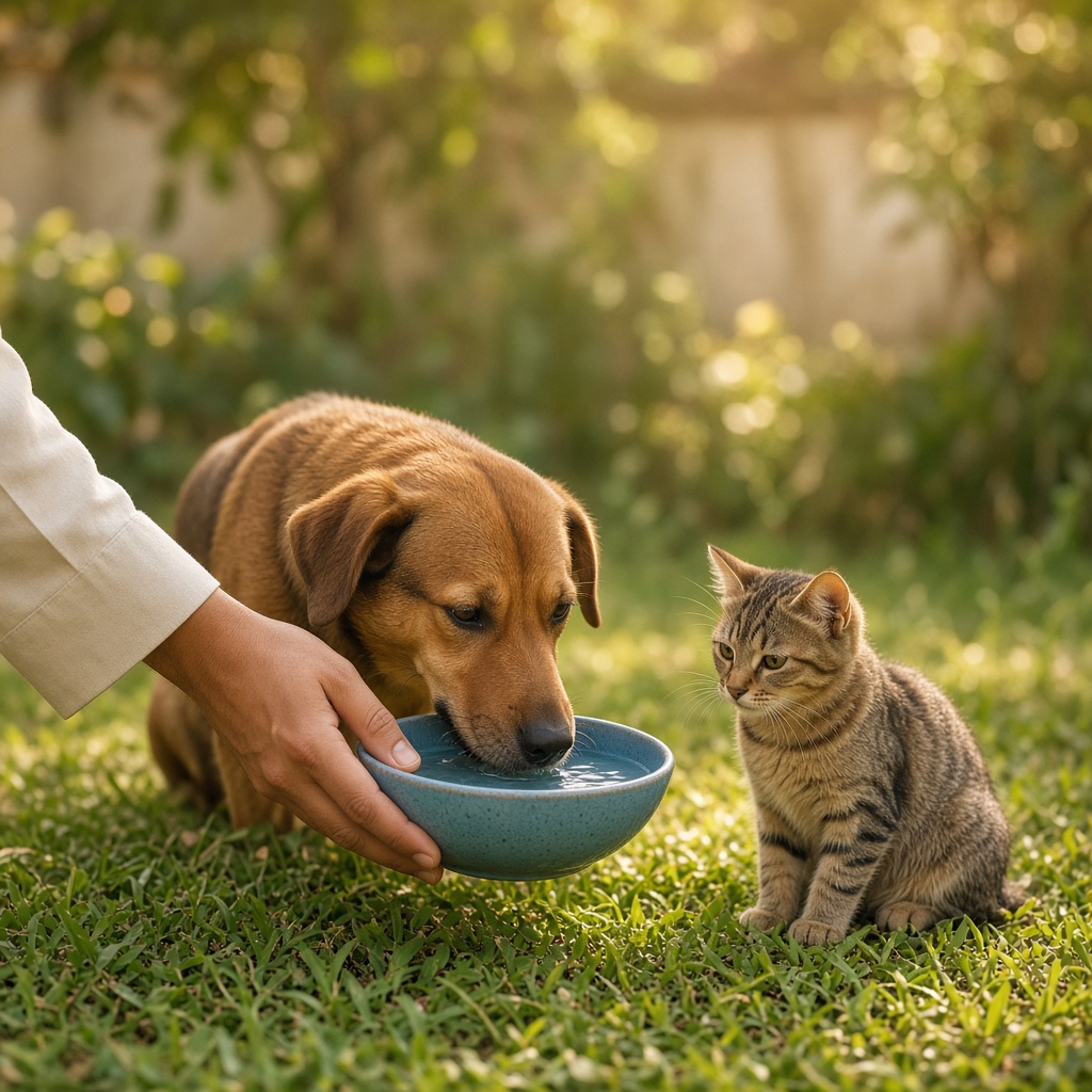 A hand offering a bowl of water to a dog while a cat watches